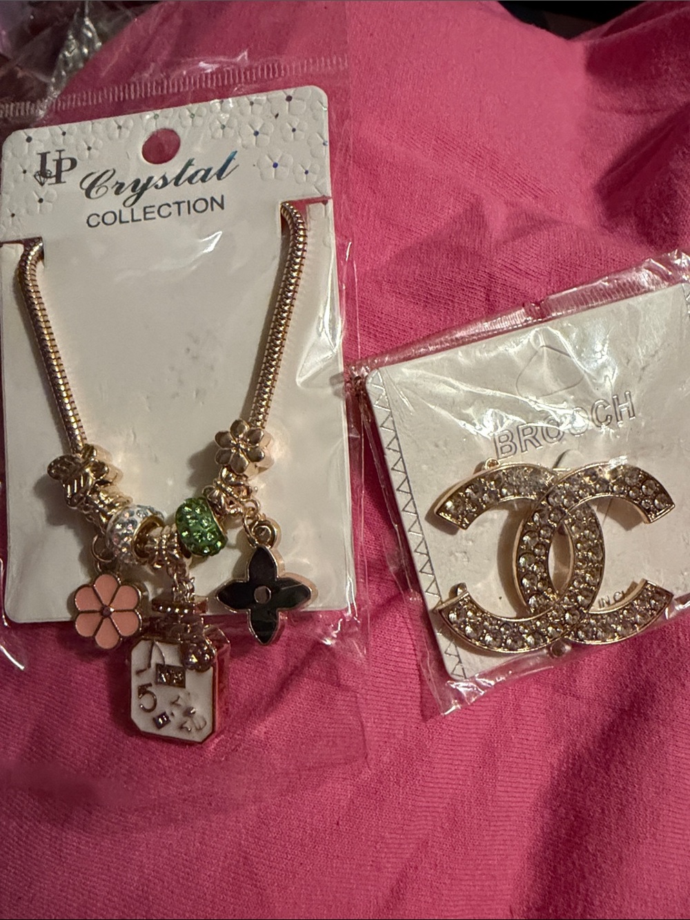 Multiples Gold-Tone Charm Necklace with Pink Flower and Green Crystal
